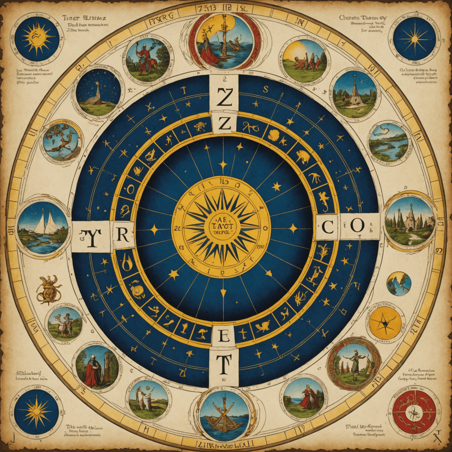 Egy kör alakú diagram, amely bemutatja a tarot szuitok, az elemek és a zodiákus jegyek közötti kapcsolatokat. A kör négy negyedre van osztva, mindegyik egy elemet és a hozzá tartozó tarot szuitot és zodiákus jegyeket ábrázolja.