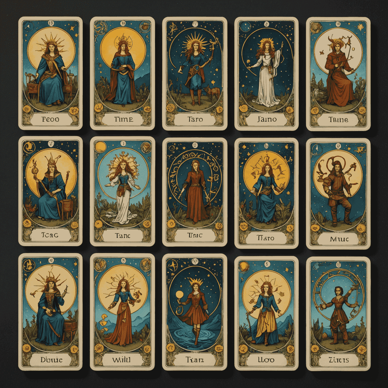 Tizenkét különböző tarot terítés, mindegyik egy-egy állatövi jegy szimbólumával díszítve, bemutatva a személyre szabott megközelítést.